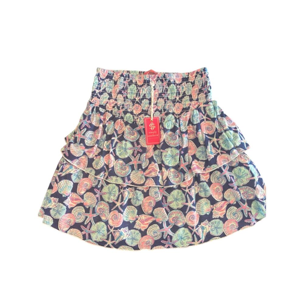 NWT Simply Southern Womens Smocked Tiered Mini Skirt SMALL Cotton Blend Sea Life